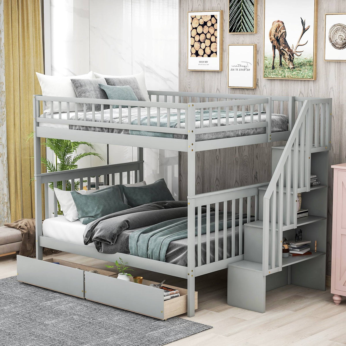 Full Over Full Bunk Bed with Storage Shelves and 2 Under Storage Drawers R2240