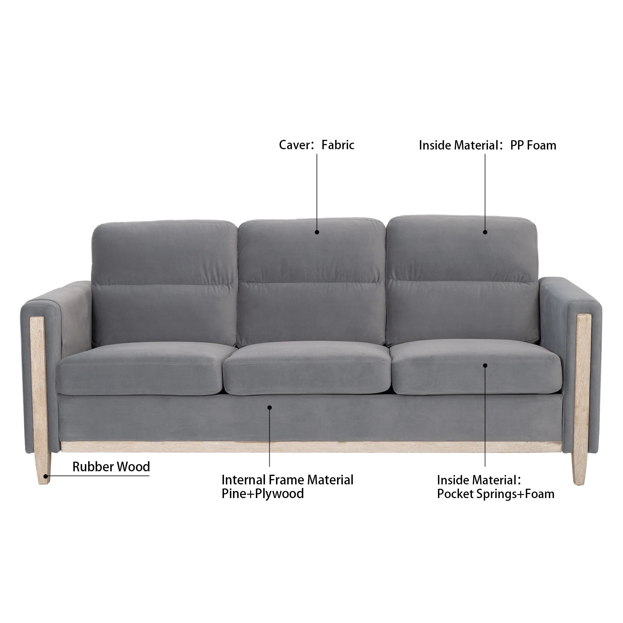 Gray Solid Wood 3-Seater Sofa N69069