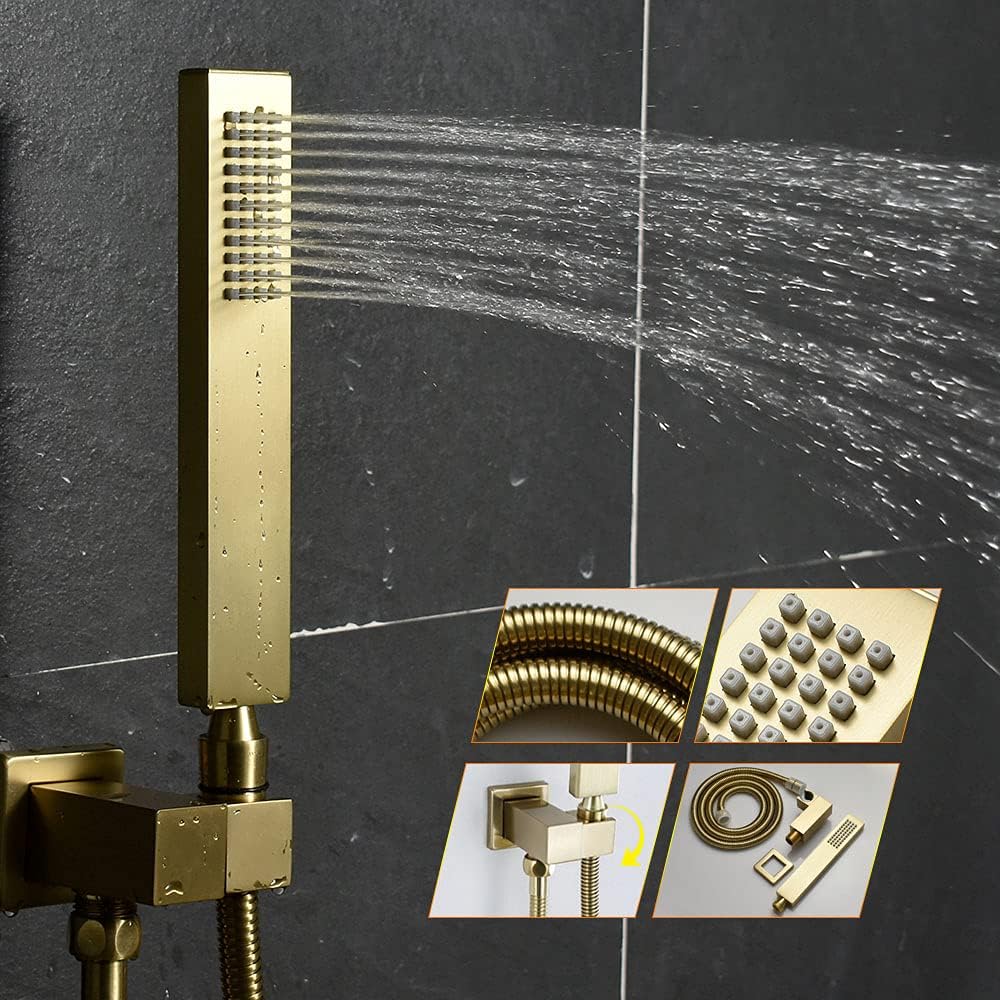 Brushed Gold Wall Mounted 12 Inch LED Rainfall Shower System With 6 PCS Body Jets K3485