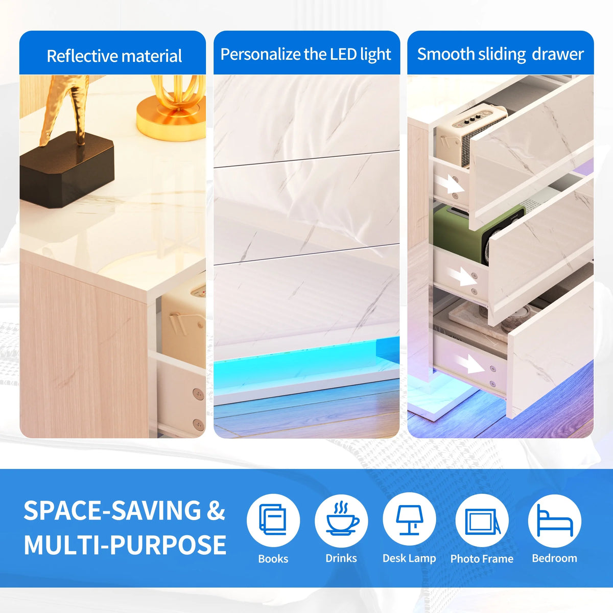 3 Drawers LED Nightstand with Drawer R3629