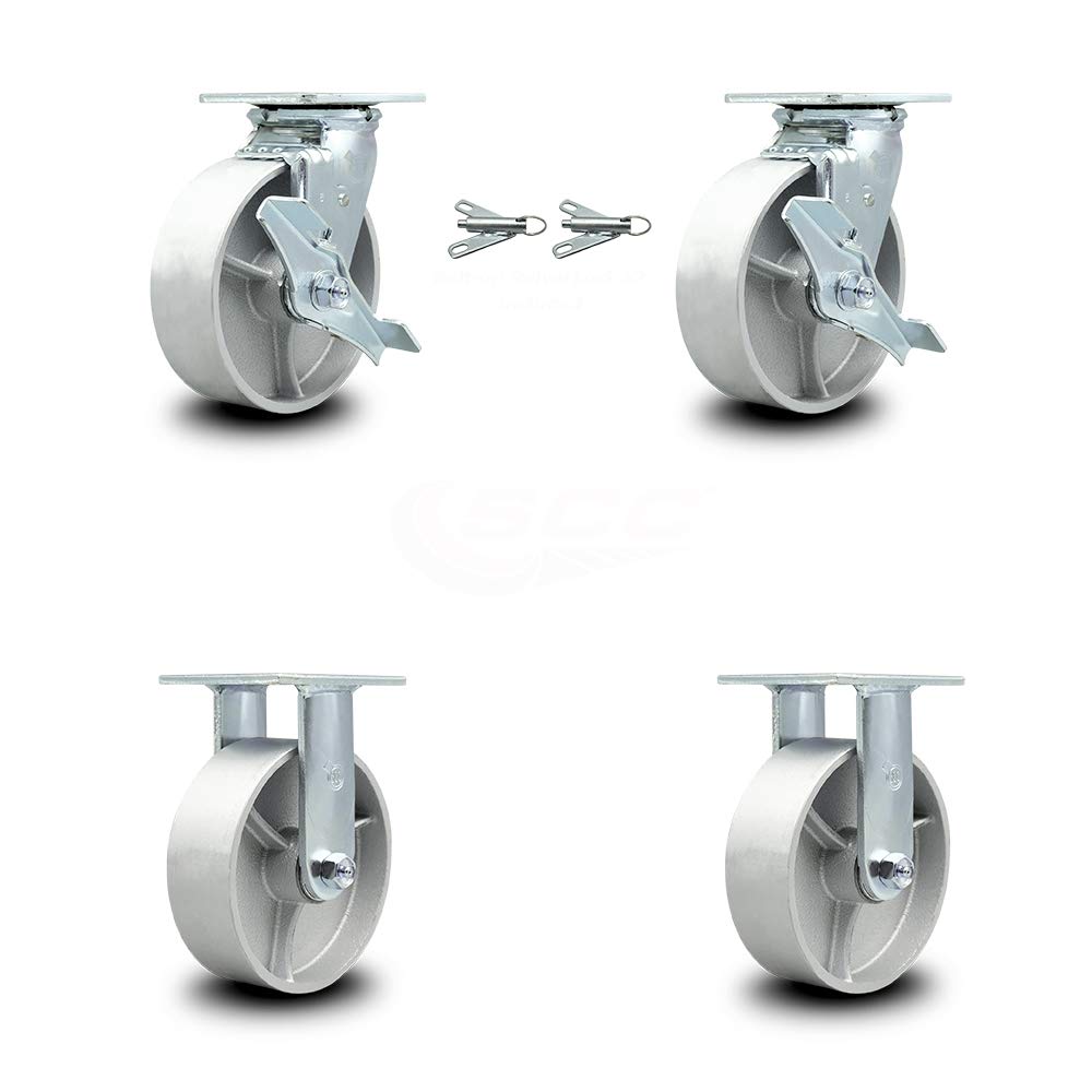 Semi Steel Cast Iron Swivel Top Plate Caster with 6" x 2" Silver Wheel & Top Lock Brake, Pack of 2 T687