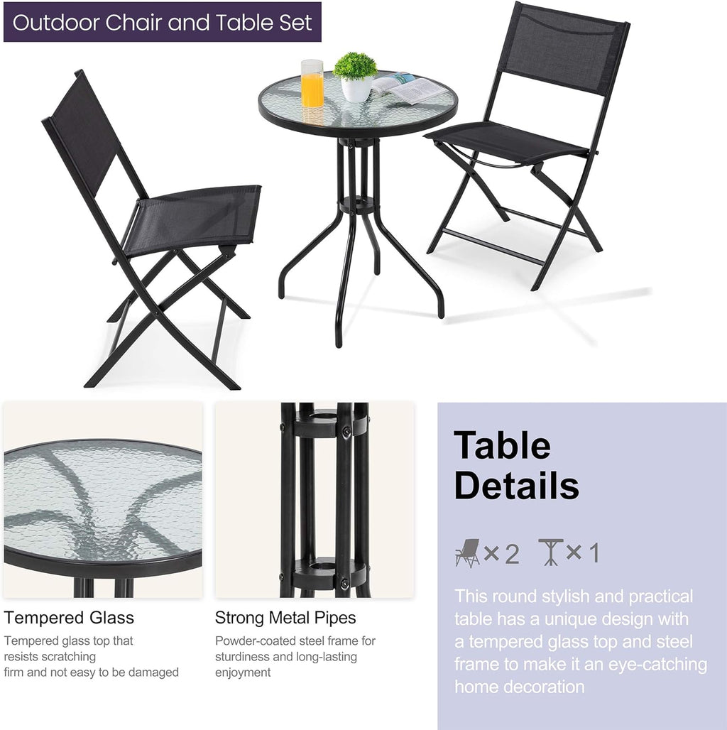 3 Piece Steel Textilene Folding Patio Bistro Set with Glass Table W249