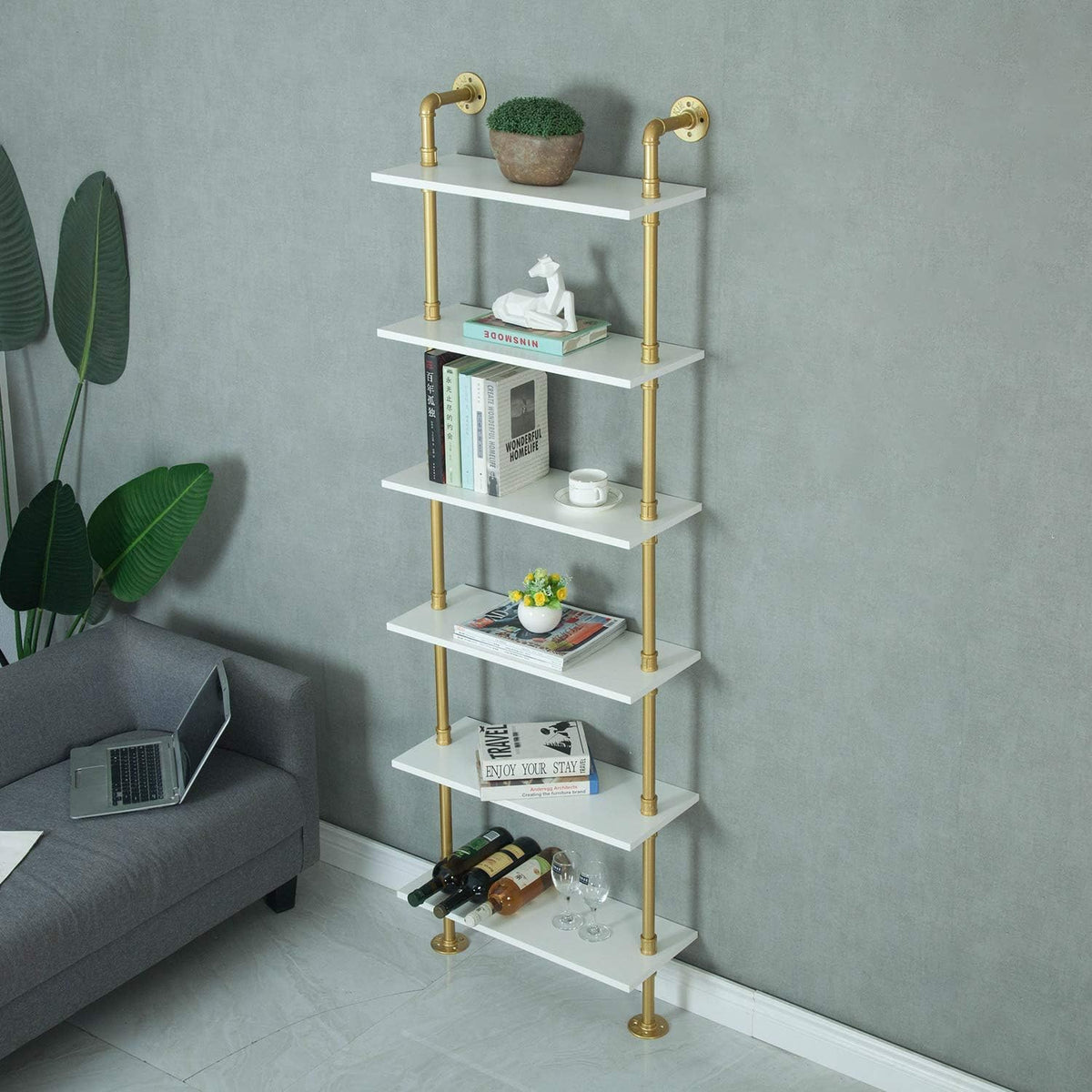 Gold 6-Tiers Wood Ladder Shelf Bookcase W5602