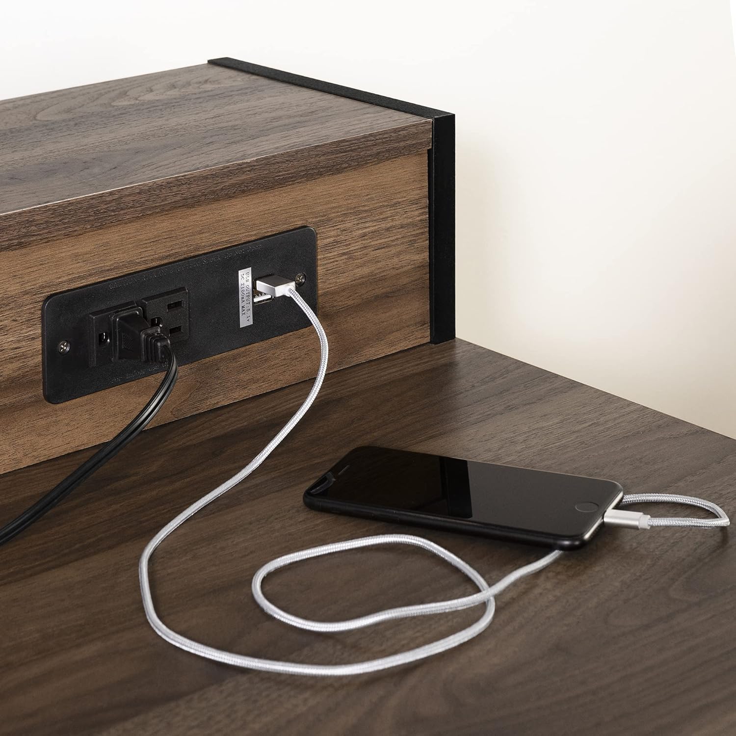 Adjustable Height Standing Desk with Built in Power Bar Natural Walnut, Matte Black Q636490