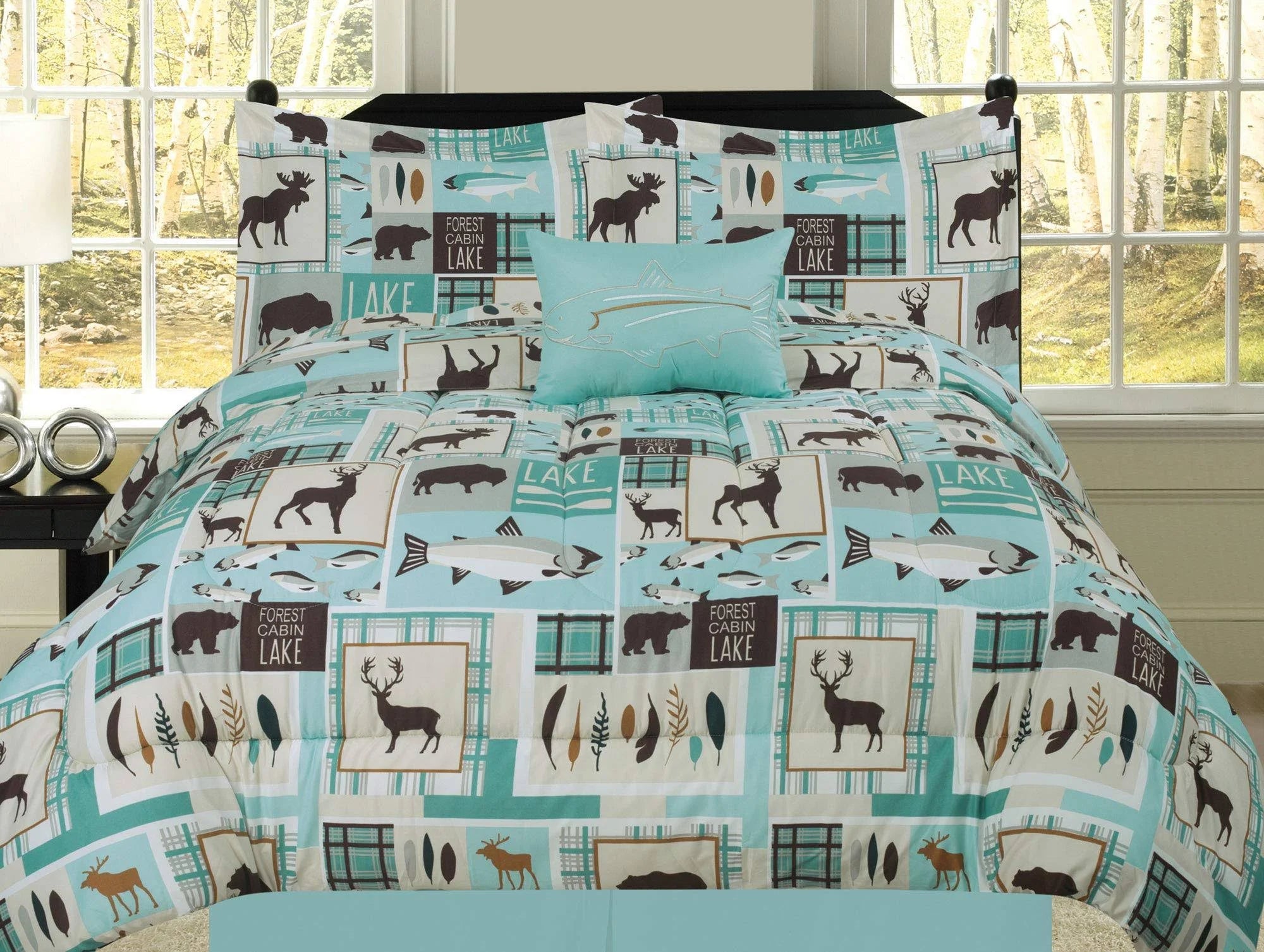 Rustic Comforter Bedding Set Bear Fish Deer, Brown Blue and Teal H387623