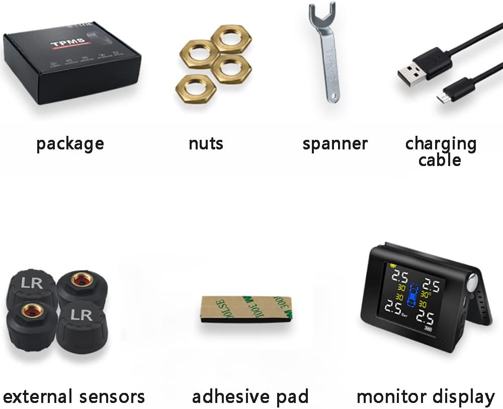 Solar Power TPMS Wireless Tire Pressure Monitoring System with 4 External Sensors C90825