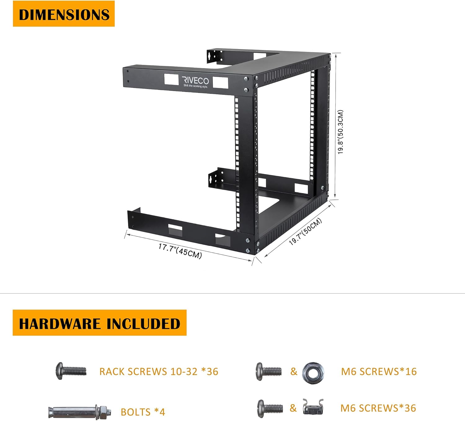 Black 12U 19 Wall Mount Server Rack, 17.7 Deep 2 Post Open Frame Cabinet E6532