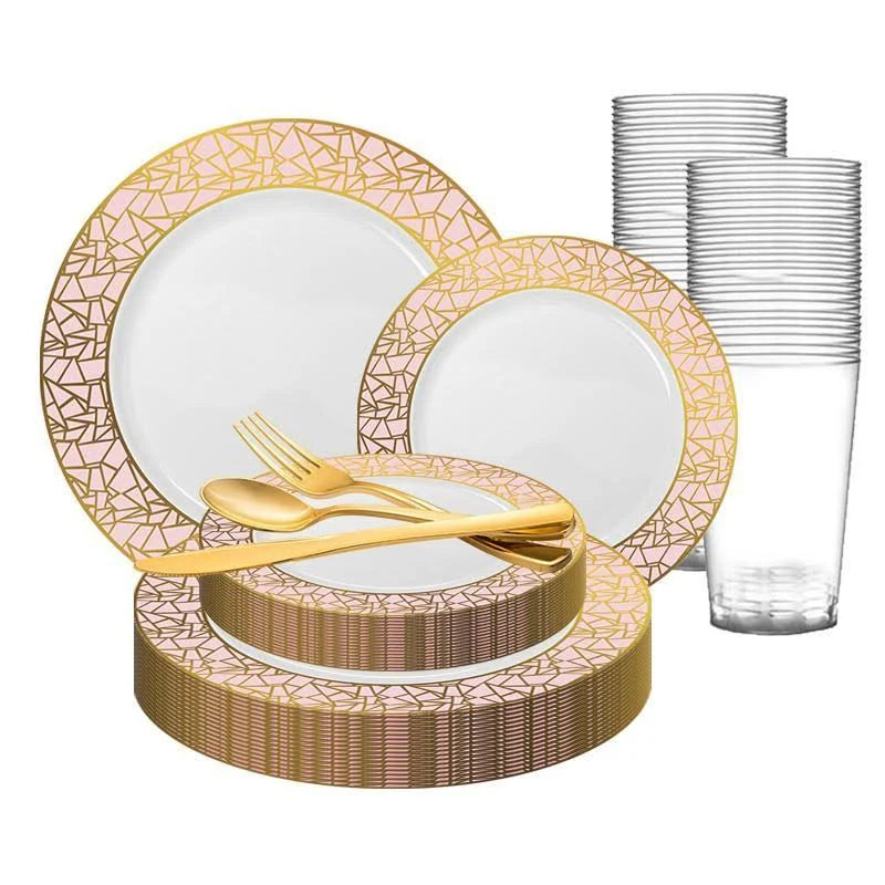 White with Pink and Gold Mosaic Rim Round Plastic Wedding Value Set F849176