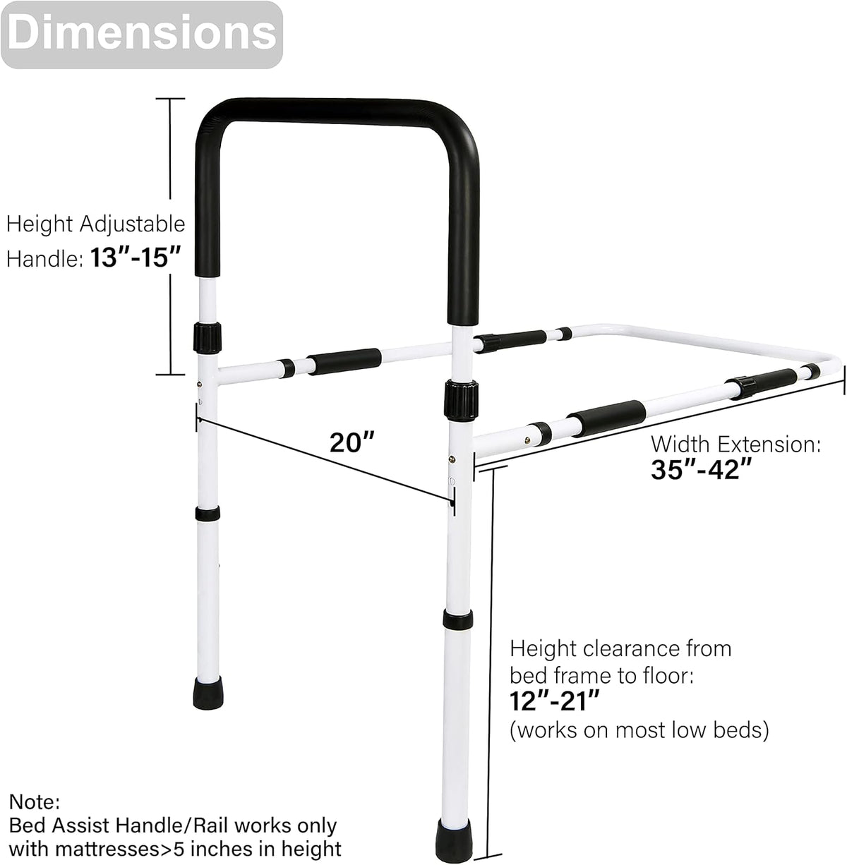 Adjustable Bed Assist Rail Grab Bar, White/Black, Pack of 2 Q262729