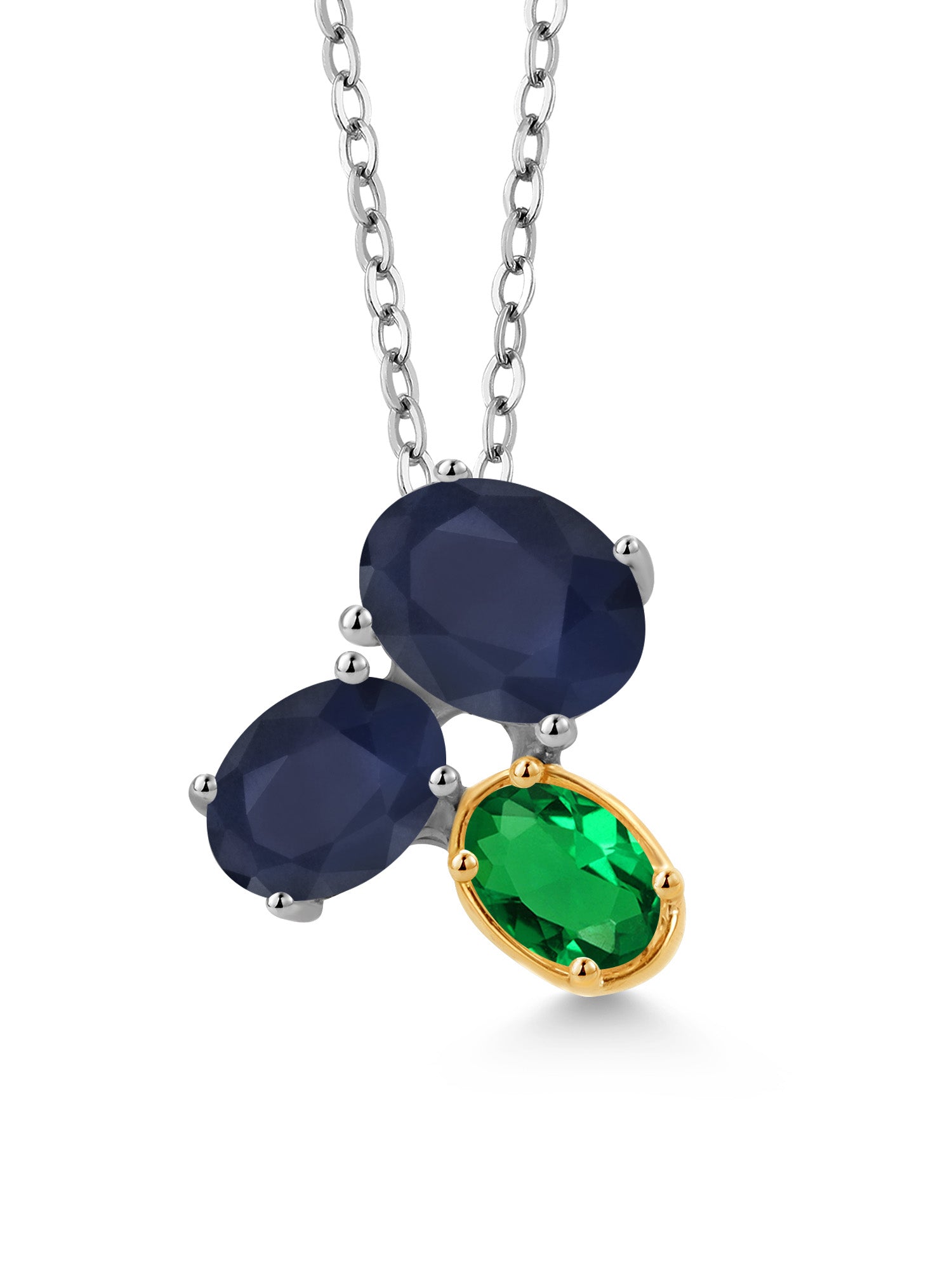 925 Silver 10K Yellow Gold Blue Sapphire Green Nano Emerald Pendant Necklace with 18 inch Chain U172075