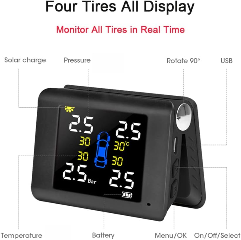 Solar Power TPMS Wireless Tire Pressure Monitoring System with 4 External Sensors C90825