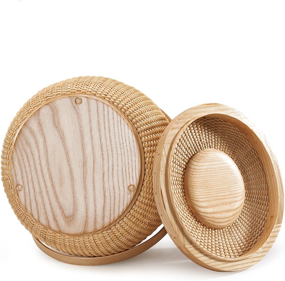 Natural ash wood and cane round baskets with swing handle removable lids X7512