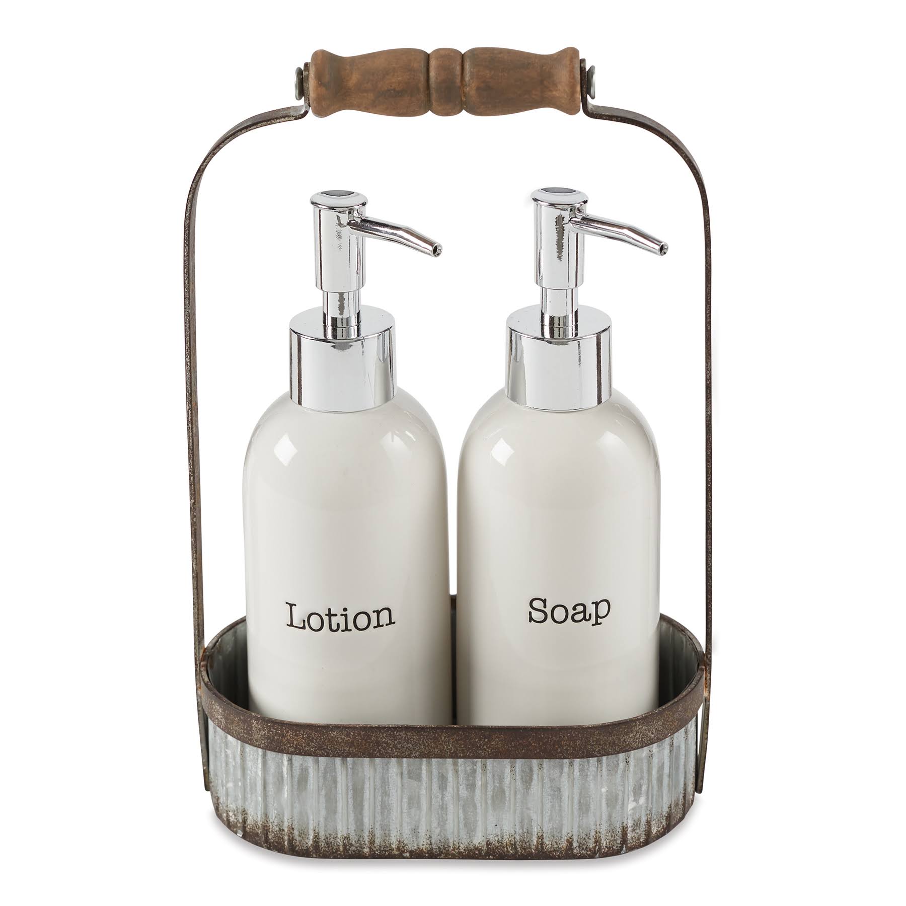 White Lotion & Soap Pump Tin Caddy Set W256115