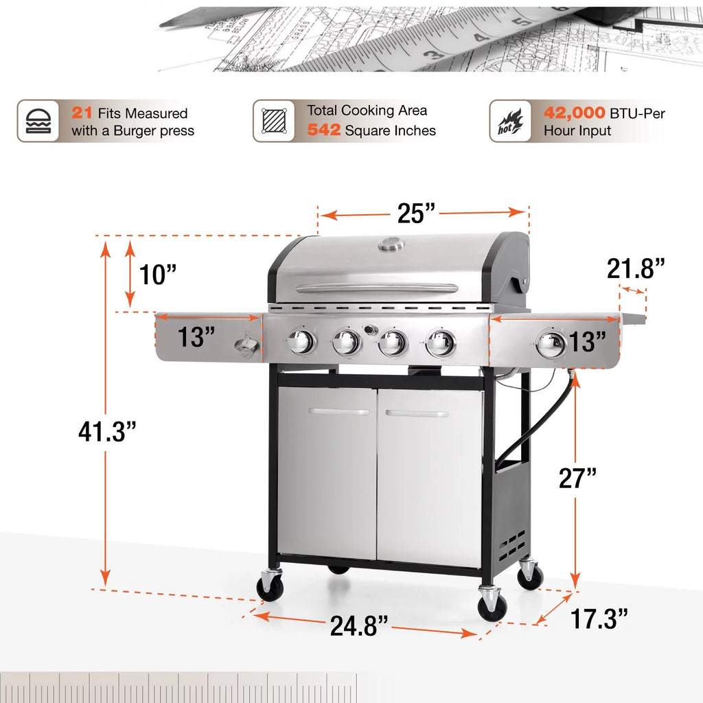4 Burner Propane Gas Grill with Side Burner Stainless Steel I573