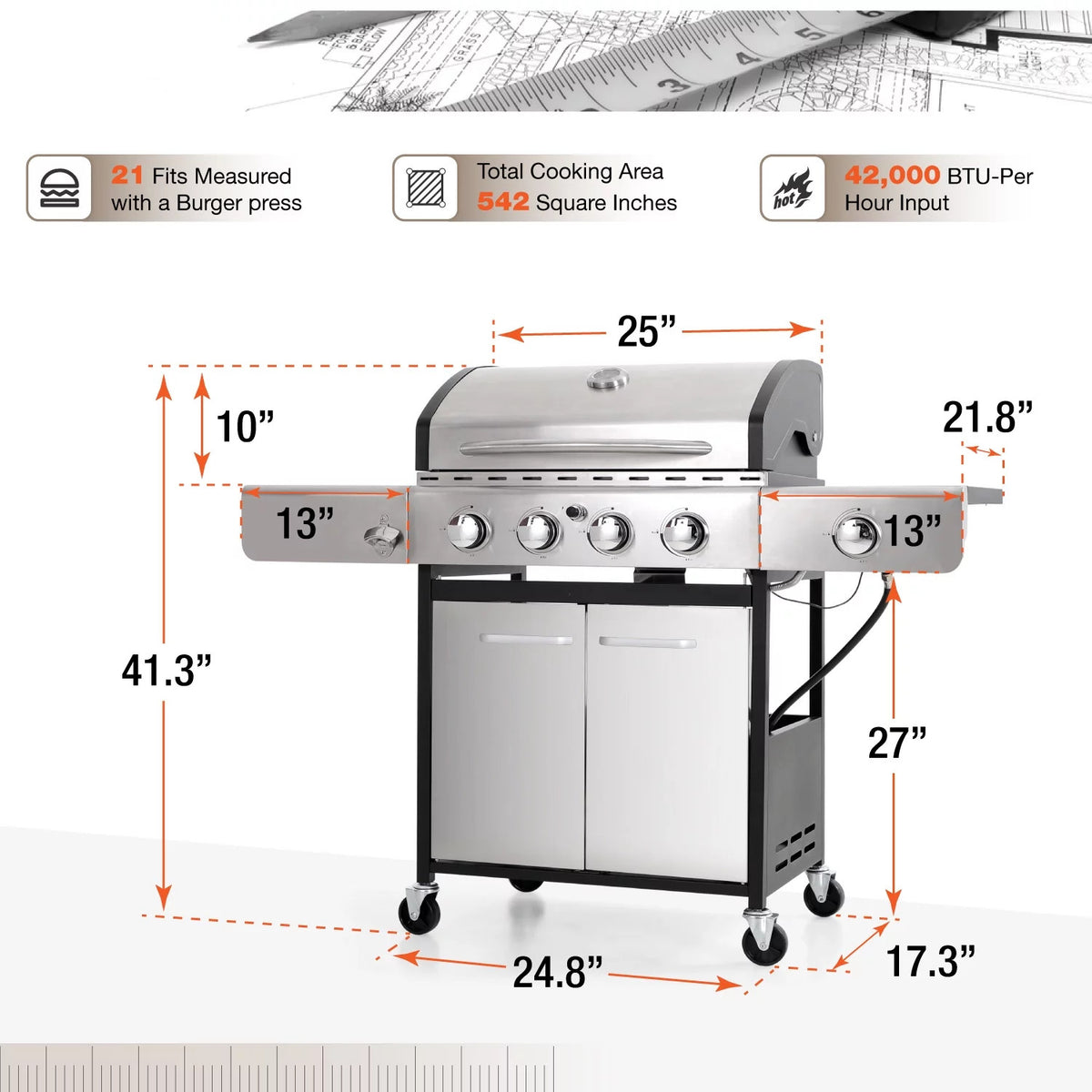 4 Burner Propane Gas Grill with Side Burner Stainless Steel I573