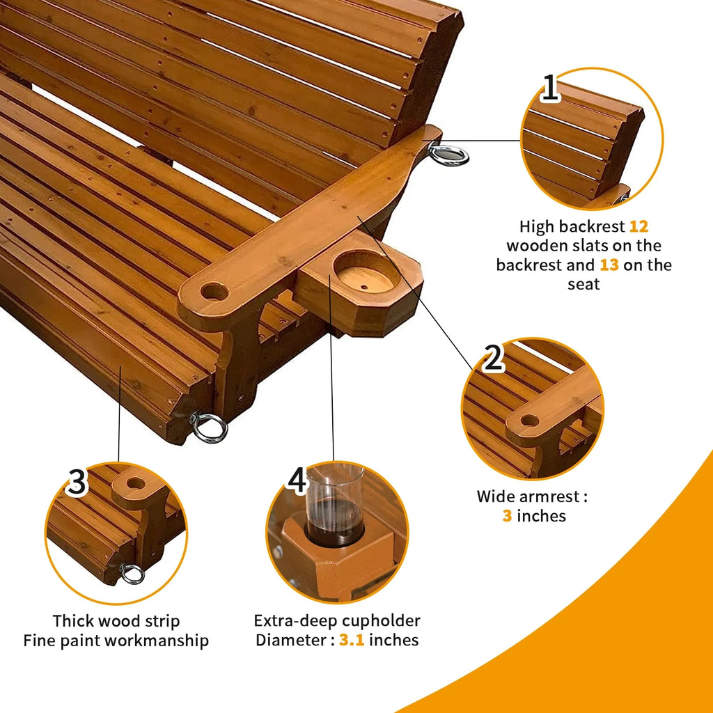 Brown Outdoor Wood Porch Swing with Cup Holders L540