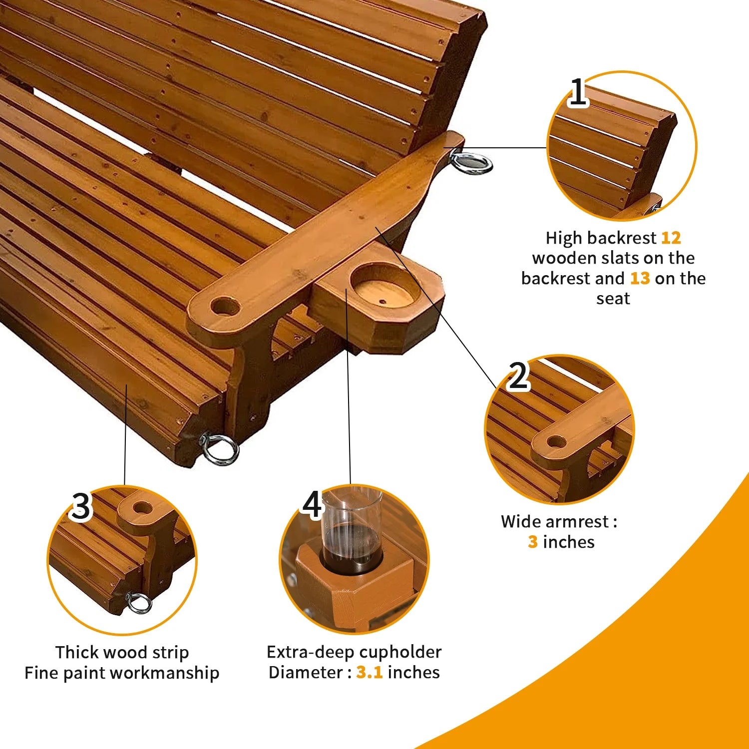 Brown Outdoor Wood Porch Swing with Cup Holders L540