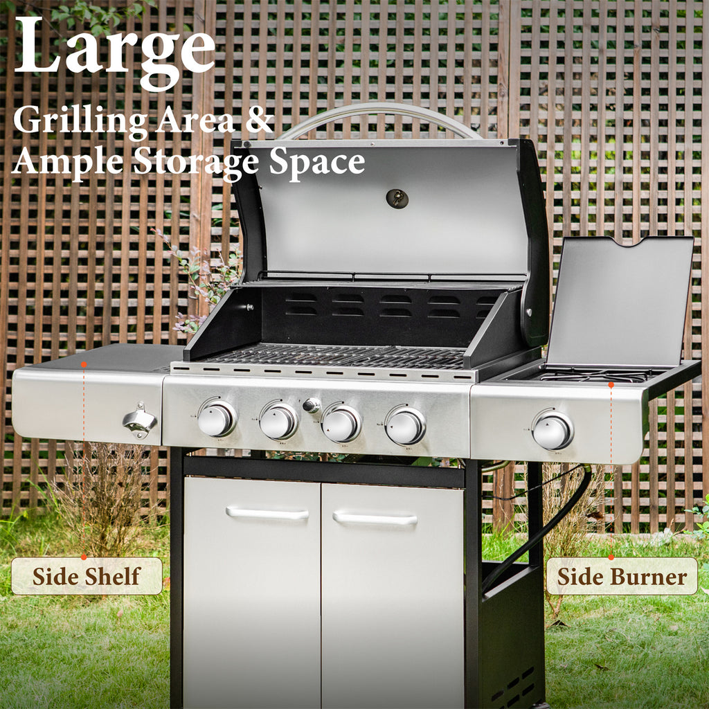 4 Burner Propane Gas Grill with Side Burner Stainless Steel I573