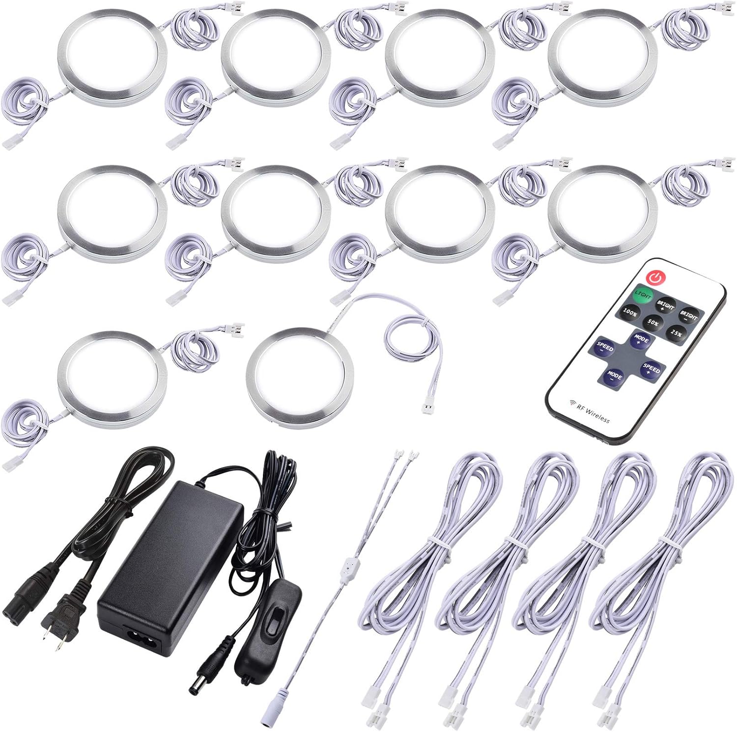 Under Cabinet LED Puck Lights, Dimmable Wireless RF Remote Control, Linkable Wired, AC120V to DC12V, Hardwired or Wall Plug, 14 Lights, Warm White O189635
