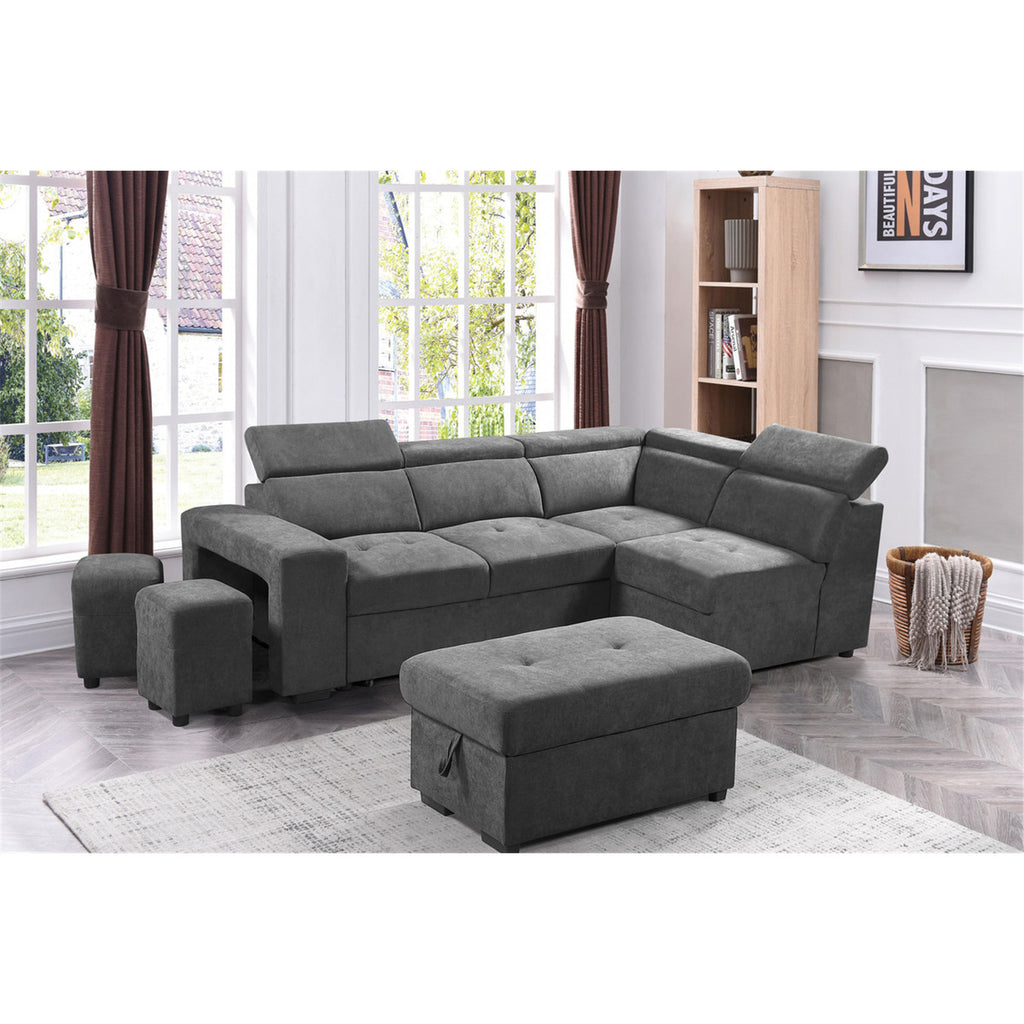 Light Gray Sleeper Sectional Sofa with Storage Ottoman and 2 Stools F682156