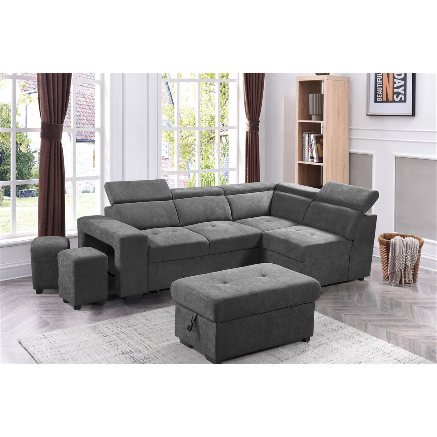 Light Gray Sleeper Sectional Sofa with Storage Ottoman and 2 Stools F682156