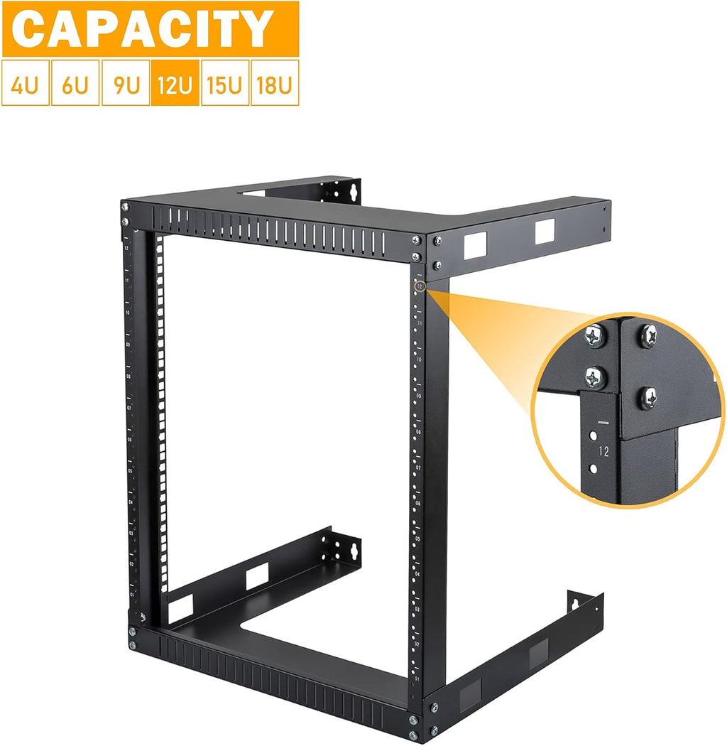 Black 12U 19 Wall Mount Server Rack, 17.7 Deep 2 Post Open Frame Cabinet E6532