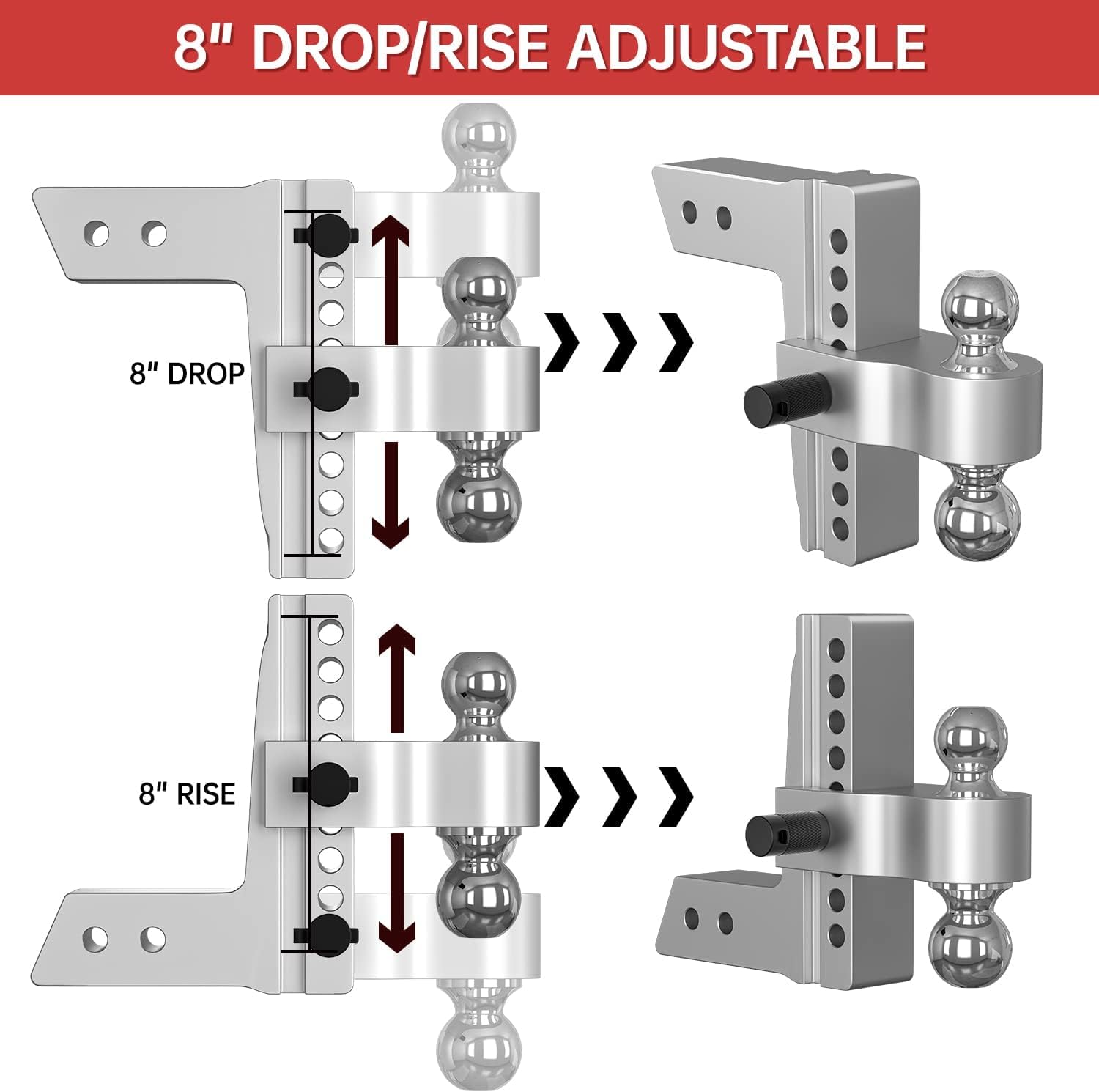 Adjustable Trailer Hitch Ball Mount, 8 Inch Drop, 2.5 Inch Receiver, 18,500 LBS GTW, Forged Aluminum Shank, Dual Balls L313