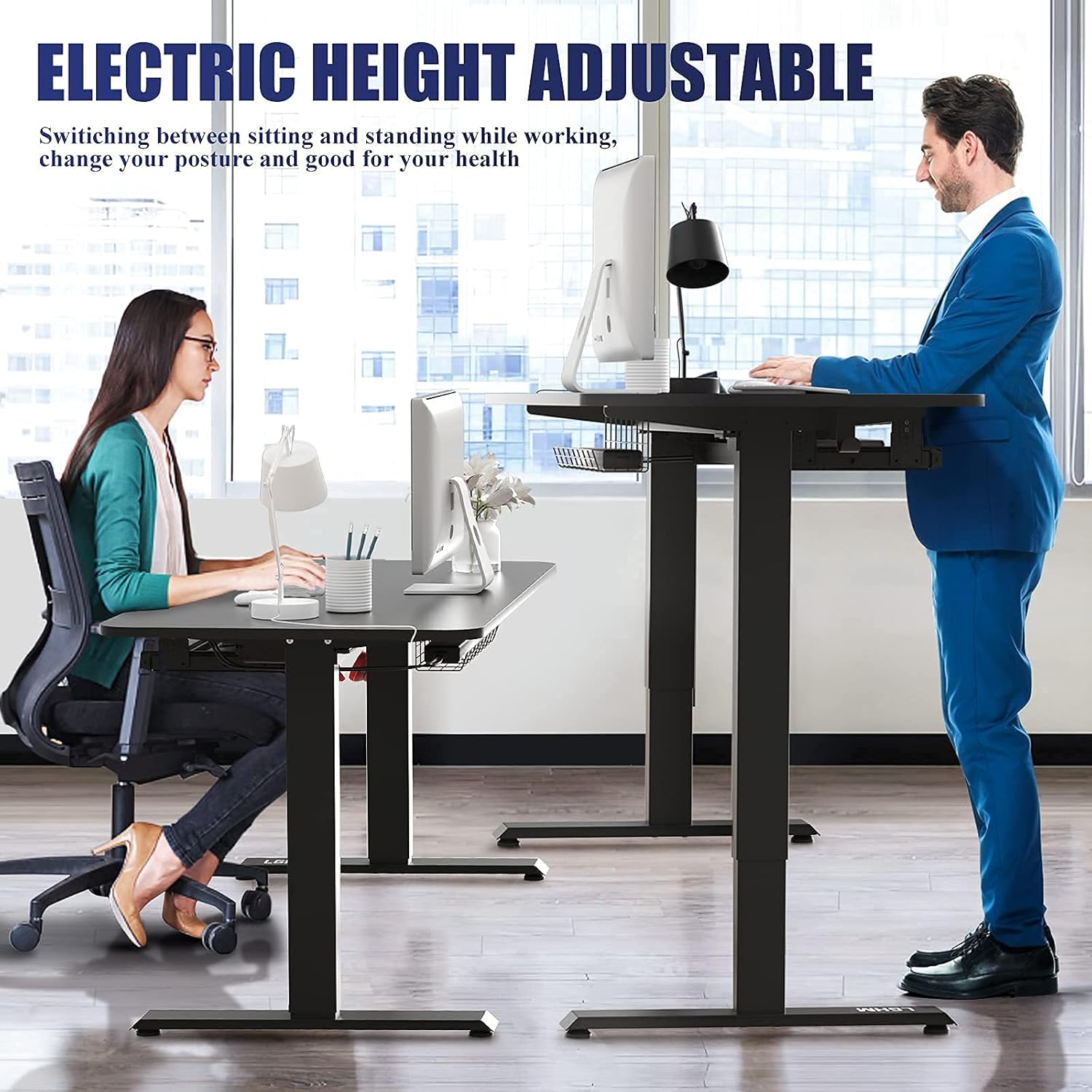 Adjustable Height Electric Standing Desk with Solid One-Piece Desktop, 48'' x 24'', Black H6363