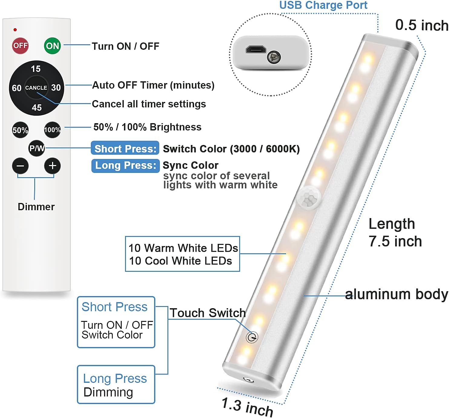 Rechargeable Touch Lights with Timer Dimmer 3 Colors Wireless Install Easily P474