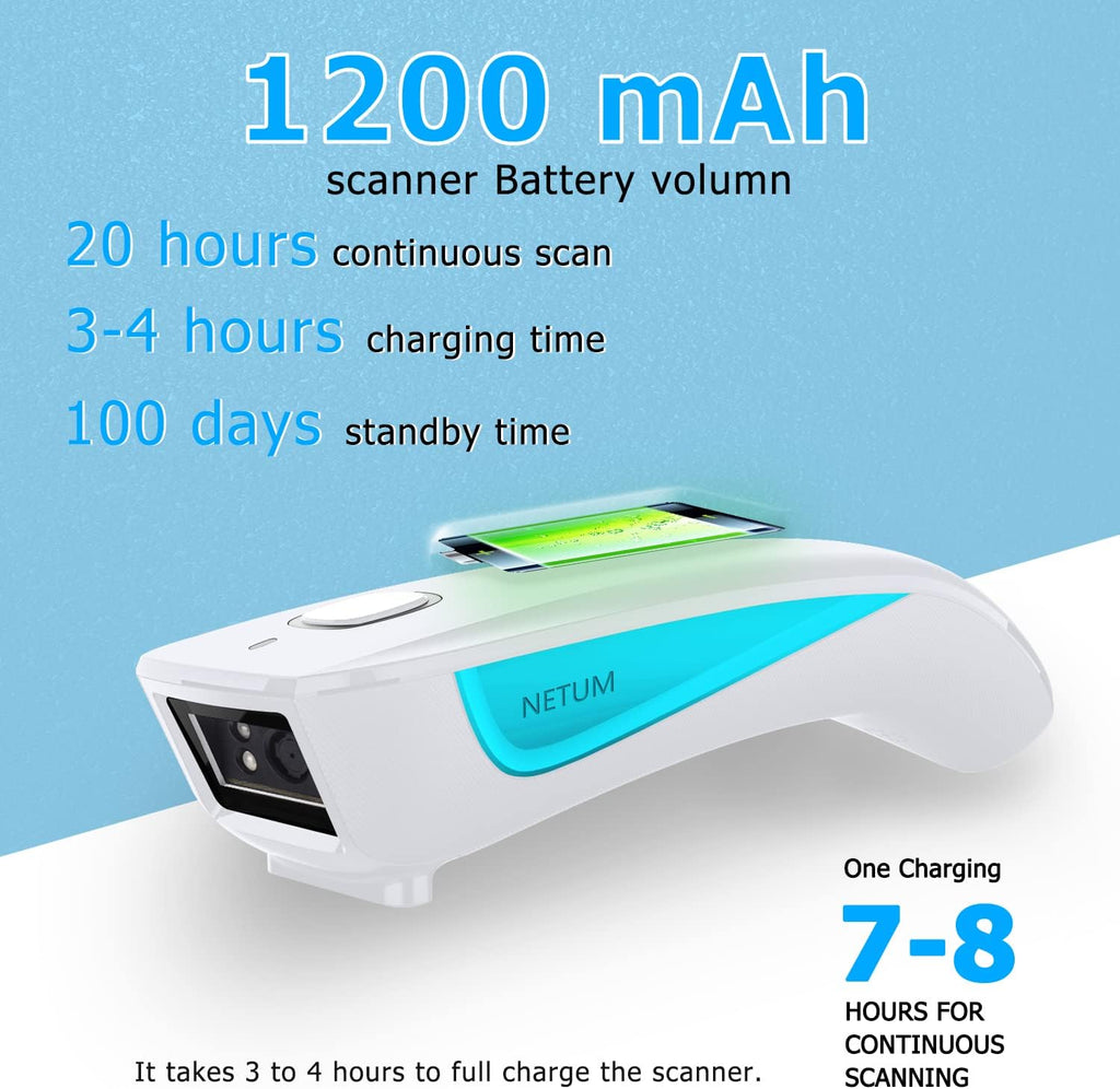 Wireless 2D QR Barcode Scanner, Bluetooth Portable Pocket Small 1D 2D Bar Code Reader, White Pack of 2 I737029