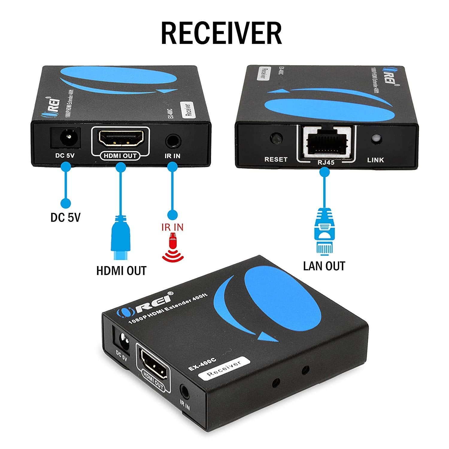 HDMI Extender Over LAN Single CAT5e/CAT6A/CAT7 Cable Uncompressed 1080p @ 60Hz with IR Up to 400 Ft Balun Kit Video Transmitter and Receiver A378