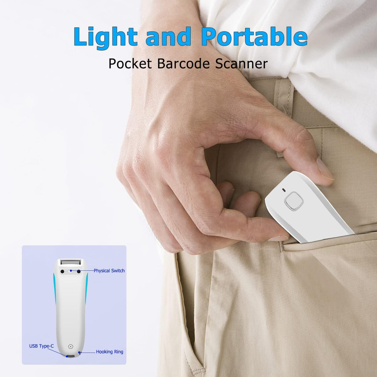 Wireless 2D QR Barcode Scanner, Bluetooth Portable Pocket Small 1D 2D Bar Code Reader, White Pack of 2 I737029
