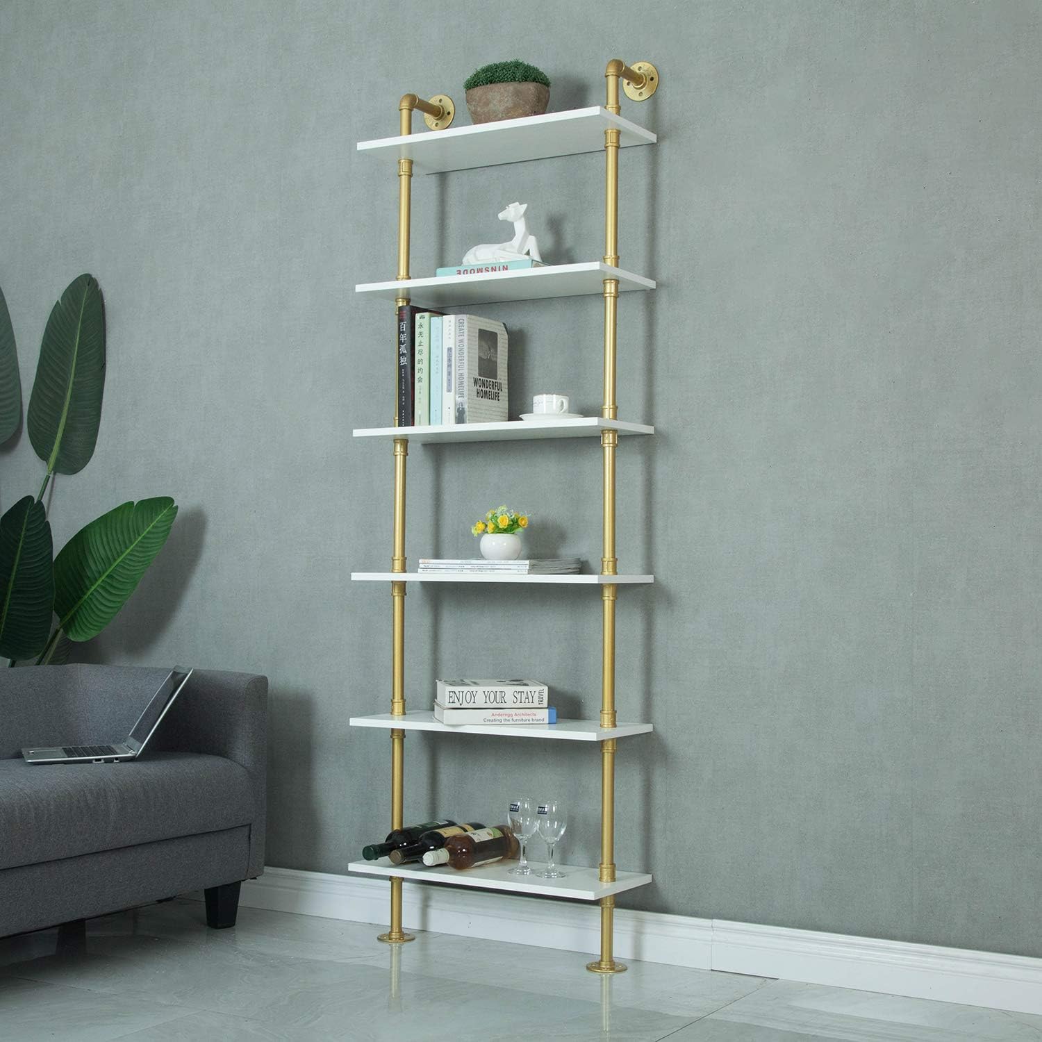 Gold 6-Tiers Wood Ladder Shelf Bookcase W5602