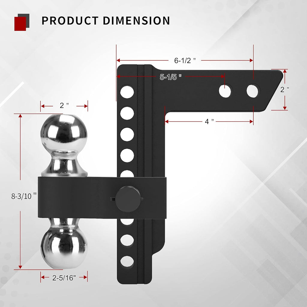 Adjustable Trailer Hitch Ball Mount, 2-Inch Receiver, 8-Inch Drop, Forged Aluminum Shank, 2-Inch and 2-5/16-Inch Combo Stainless Steel Tow Balls, Black T447