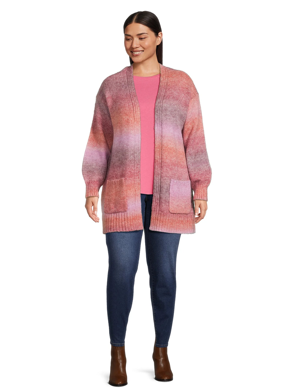 Women's Plus Size Drop Shoulder Open Cardigan with Balloon Sleeves H894119