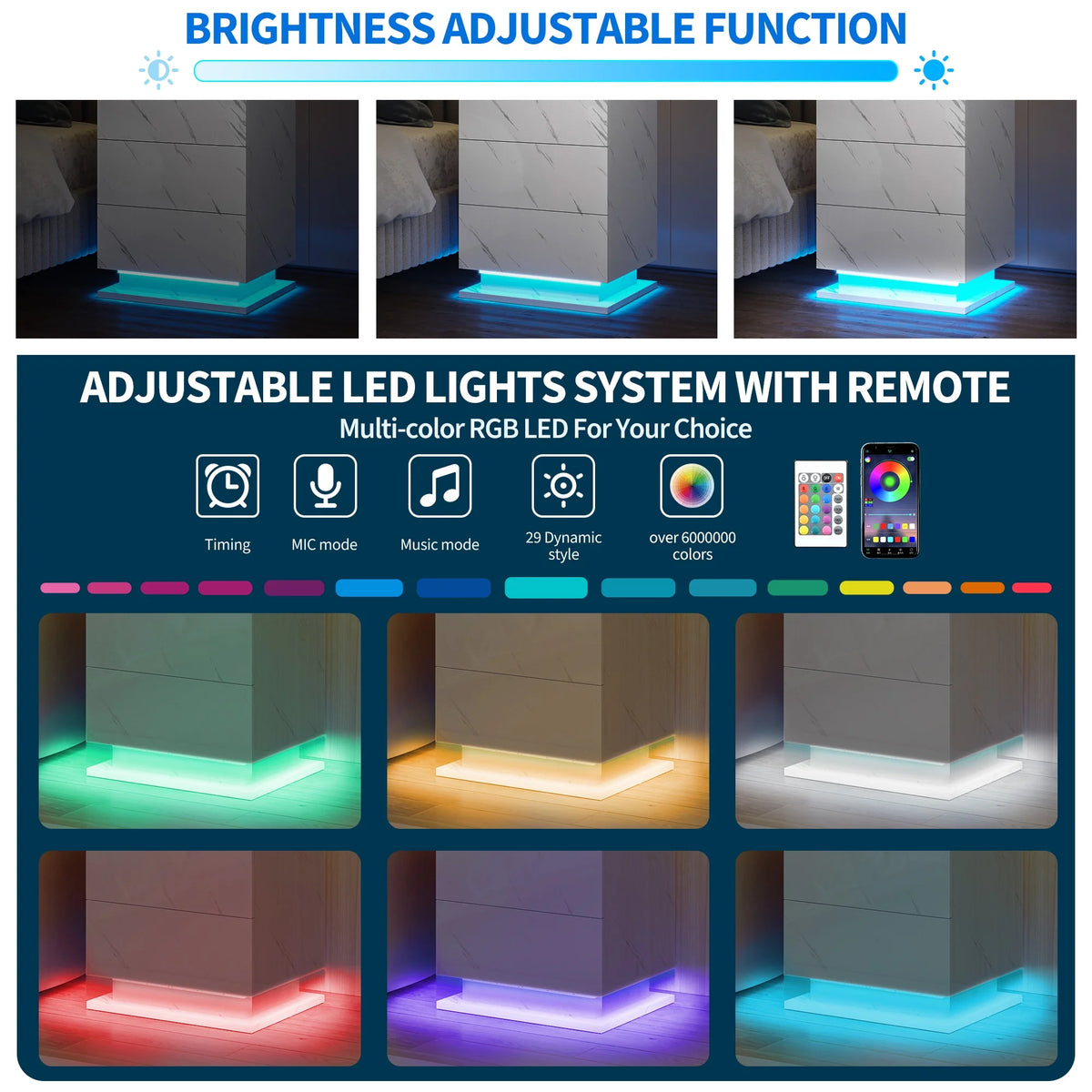 3 Drawers LED Nightstand with Drawer R3629