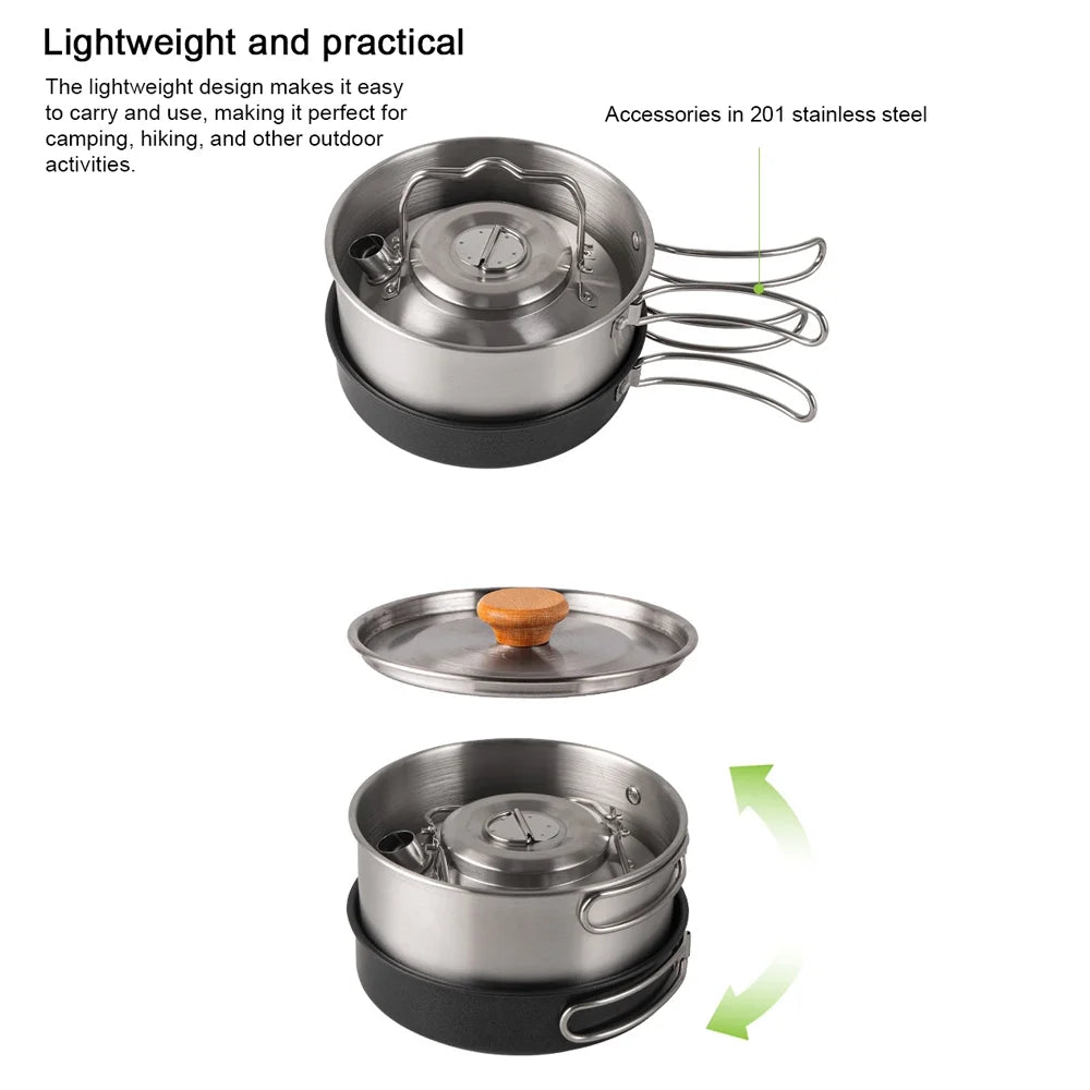Stainless Steel Camping Cookware Set with Pot Frying Pan Kettle E40642