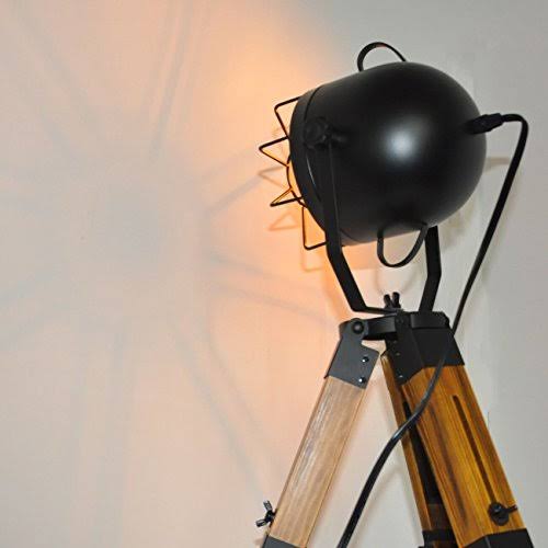 Industrial Vintage Tripod Floor Lamp, Wooden Stand, Black R3114