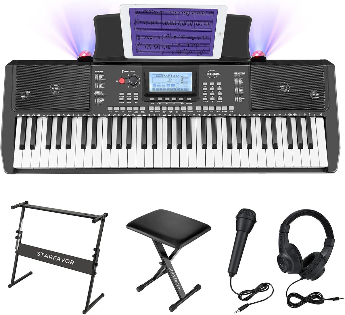 61 Key Electronic Keyboard Piano with LCD Display, Z-style Stand, Bench, Microphone, Headphone, Keynote Stickers O720