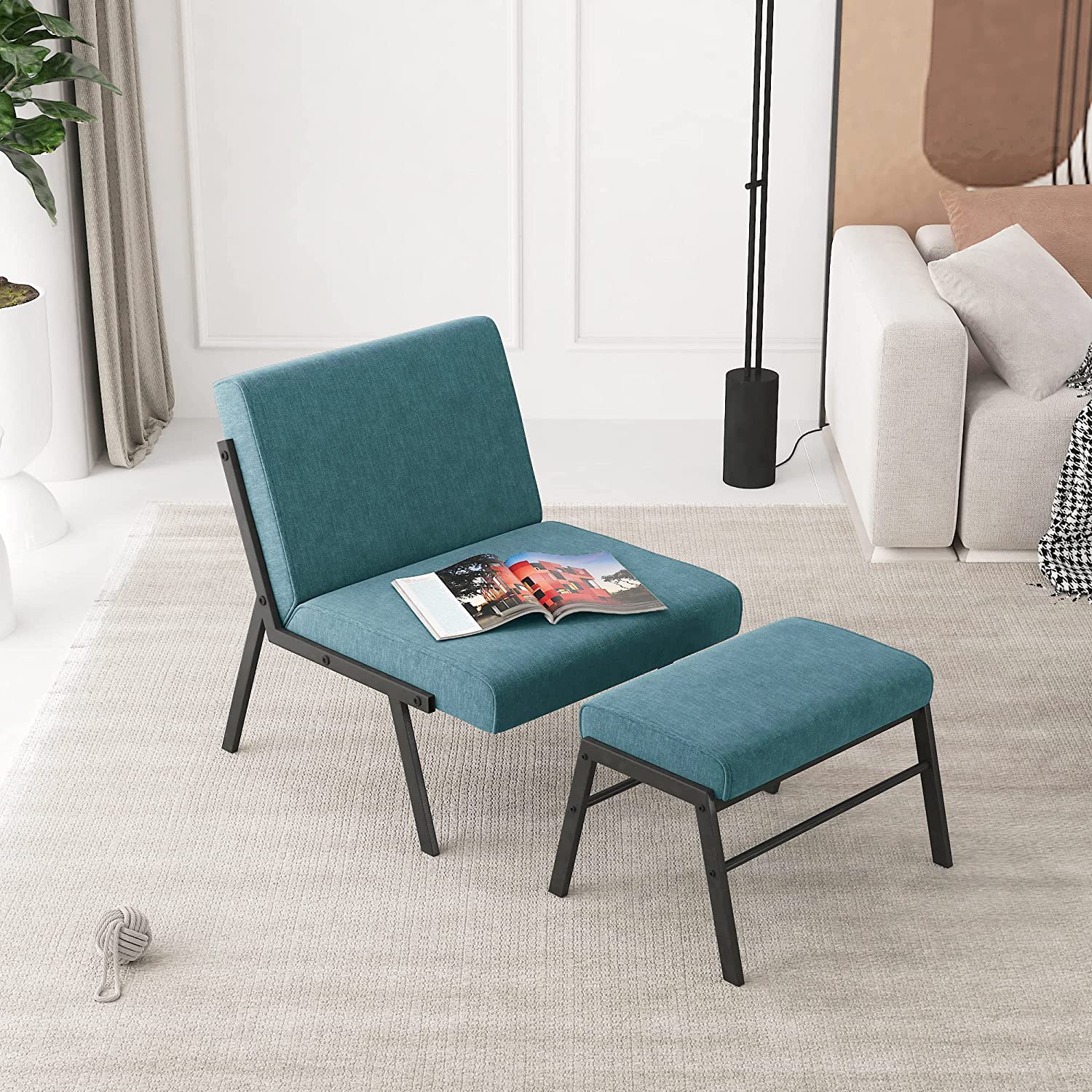Blue Linen Upholstered Accent Chair with Ottoman H9274