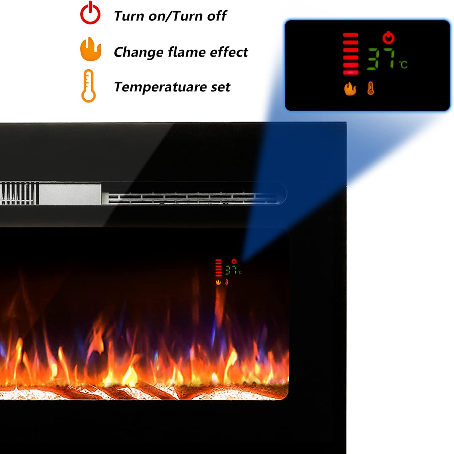 Black 1500W Recessed & Wall Mounted Electric Fireplace with Remote Control N8042