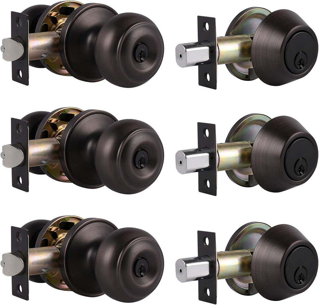 Oil Rubbed Bronze Entry Door Knob Lock Set with Single Cylinder Deadbolt, 3 Pack L624742