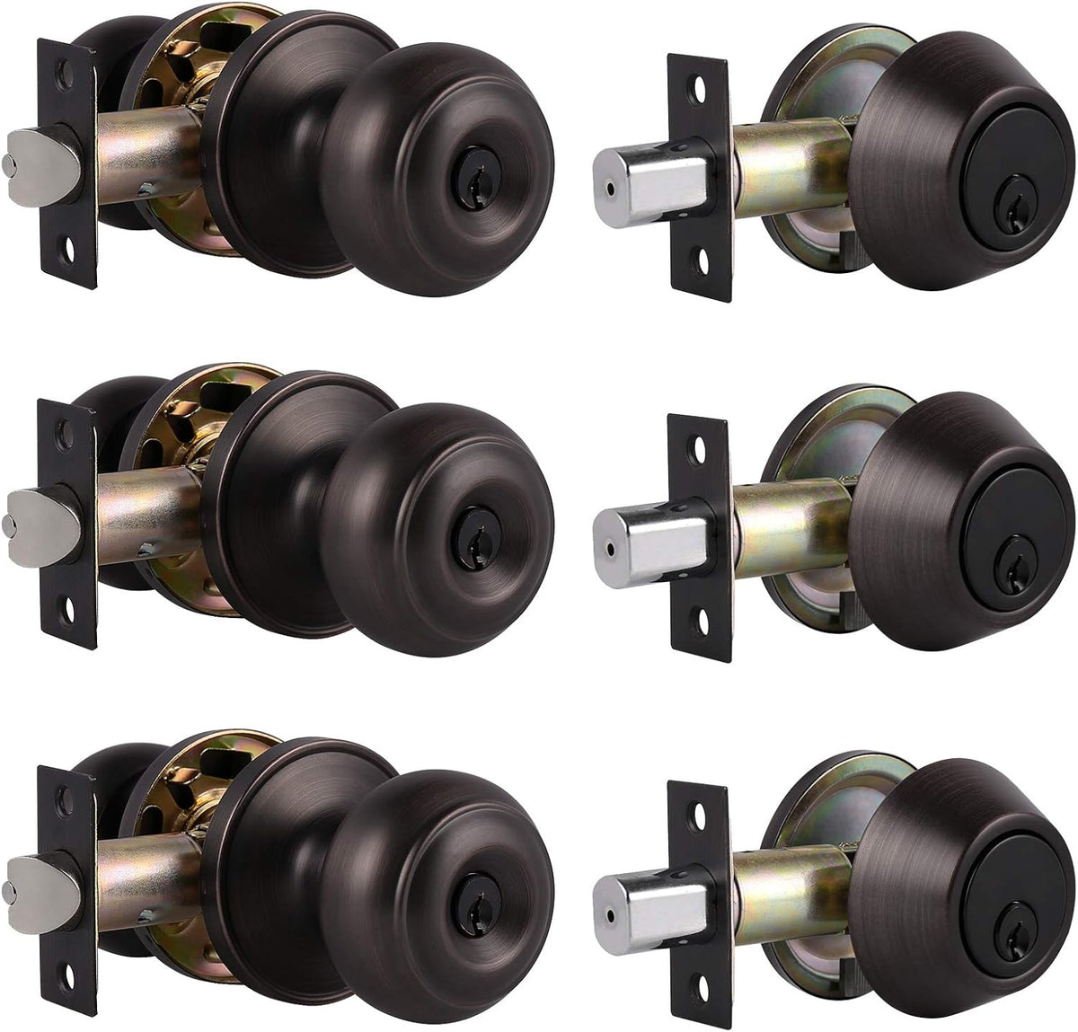 Oil Rubbed Bronze Entry Door Knob Lock Set with Single Cylinder Deadbolt, 3 Pack L624742