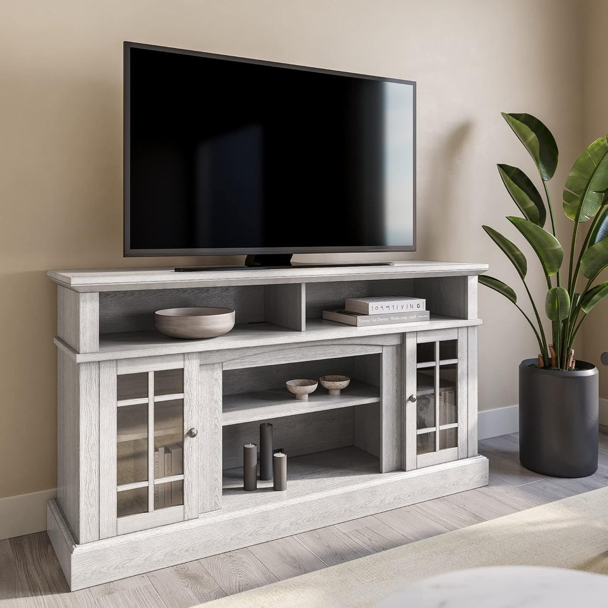 Gray Wash Electric Fireplace TV Stand with Open Storage Shelves & Cabinets X838