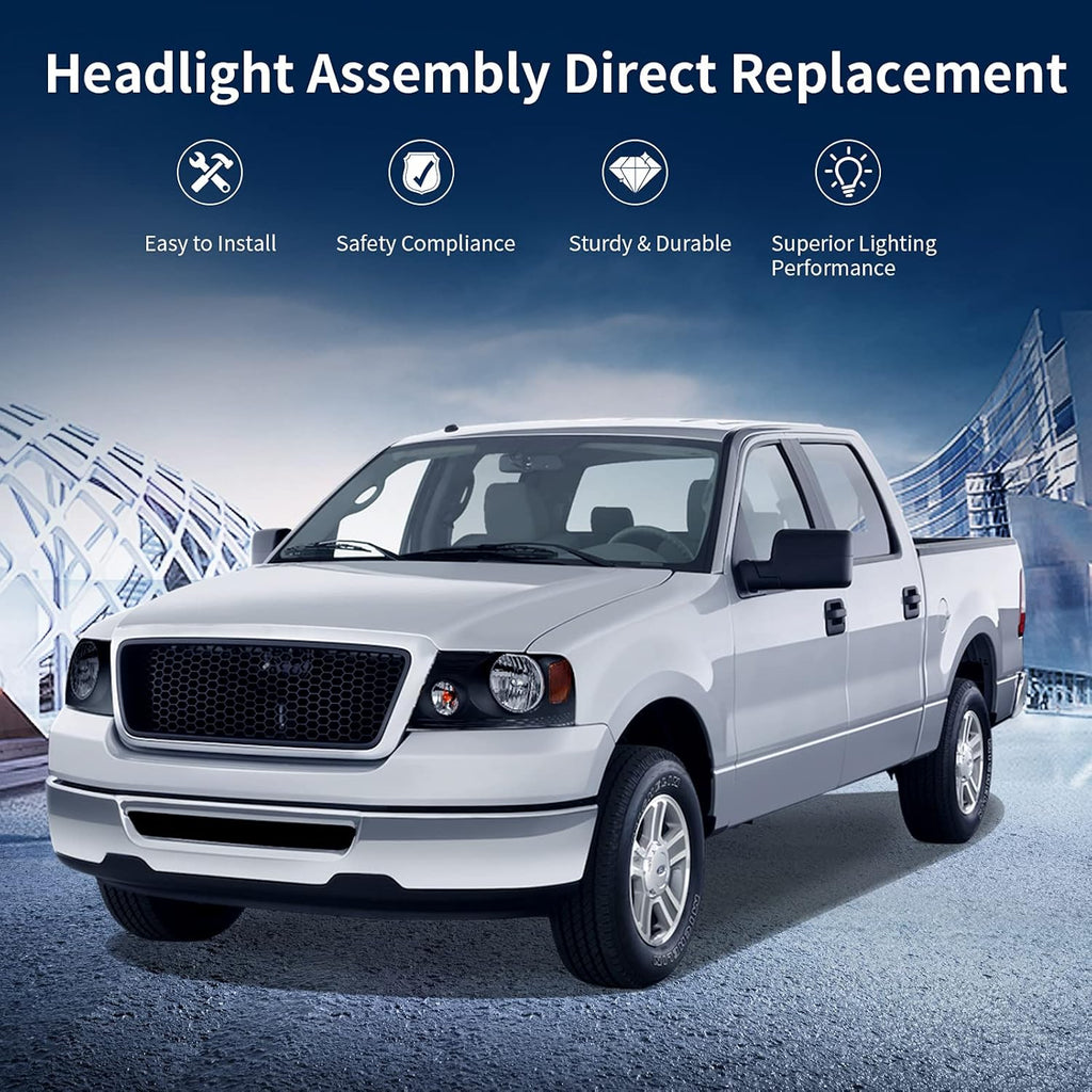 Headlight Assembly for 2004-2008 Ford F-150, Black Housing Clear Lens Amber Reflector N2369