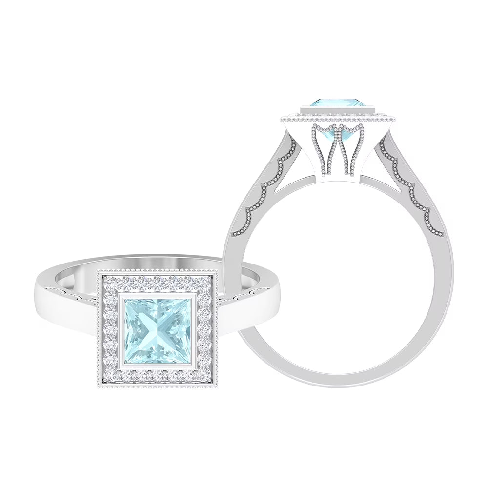 Sky Blue Topaz and Diamond Engagement Ring, 5.5 MM Princess Cut, 925 Sterling Silver I5521