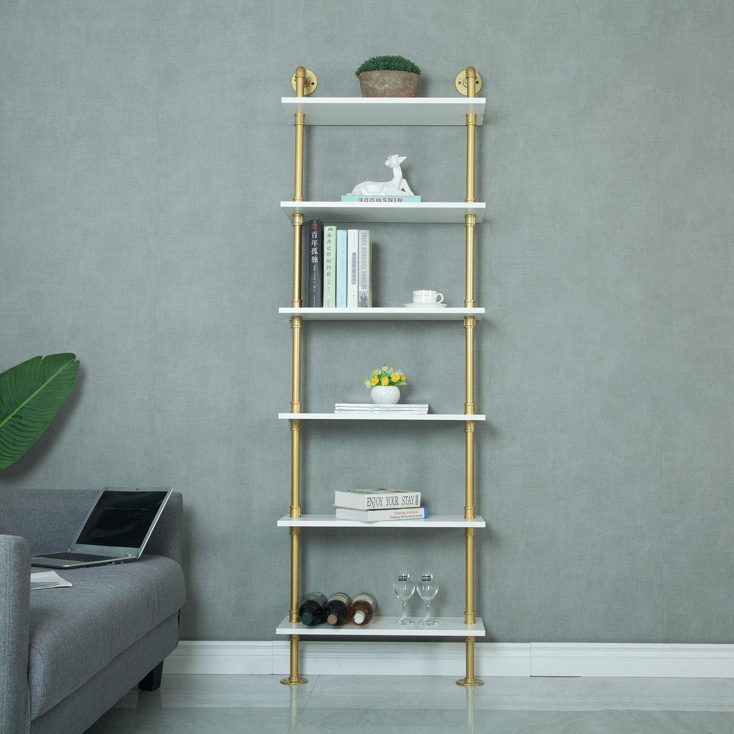 Gold 6-Tiers Wood Ladder Shelf Bookcase W5602