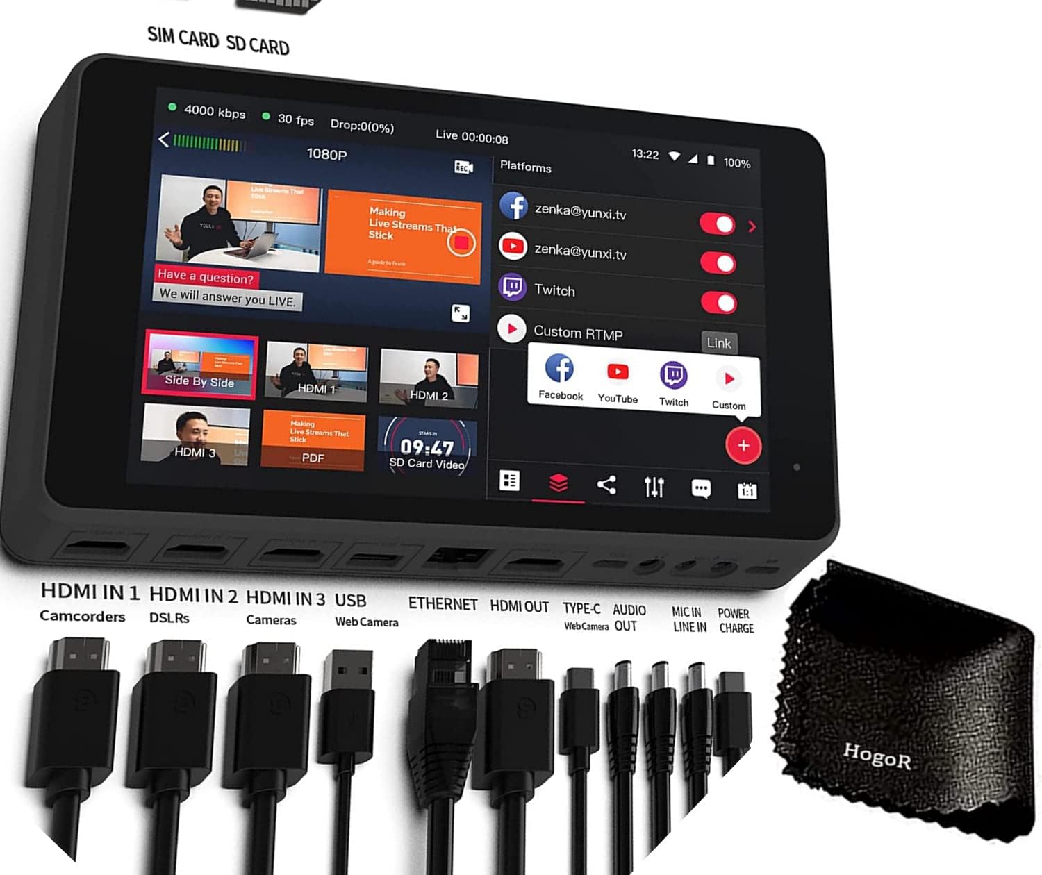 YoloBox Pro All-in-One HDMI Monitor Wi-Fi 8-Inch Screen Portable Multi-Camera Live Streaming Studio USB Type-C Input Power Bundle Y7281