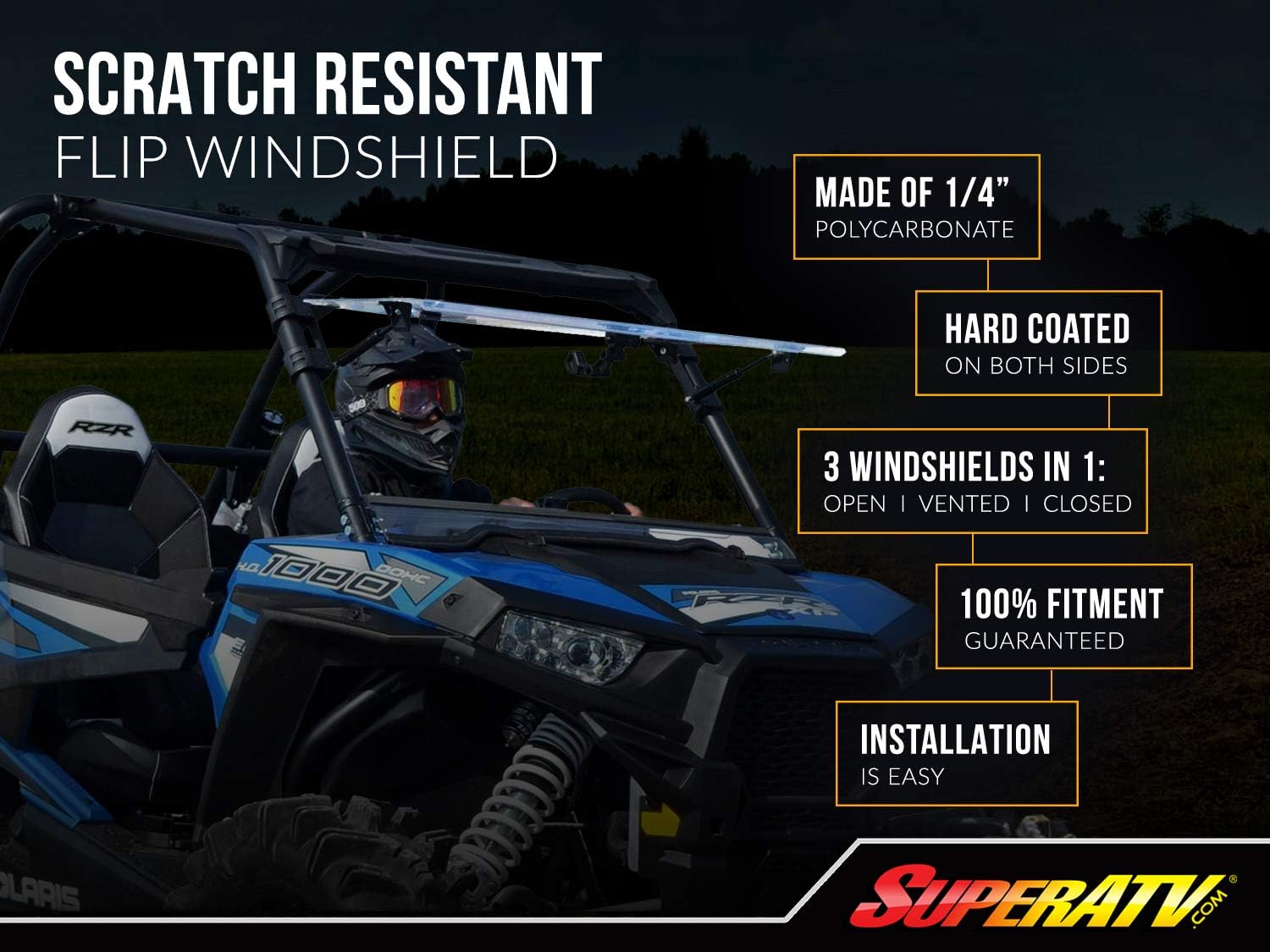 3-in-1 Flip Windshield 1/4 Thick Polycarbonate P268950