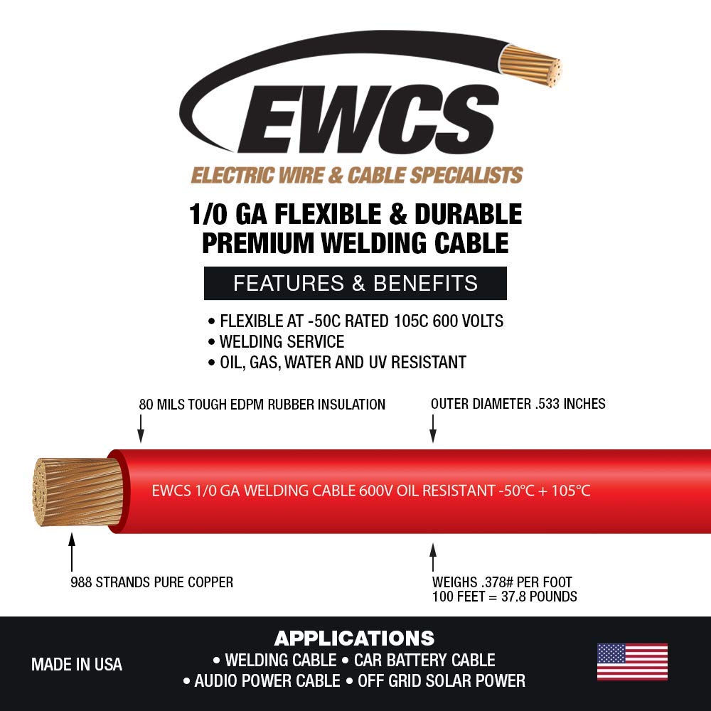 Red 1/0 Gauge Extra Flexible Welding Cable 600 Volt 50 Feet I7073
